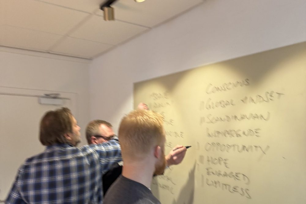 Participants working at the whiteboard during an in-house Enneagram course
